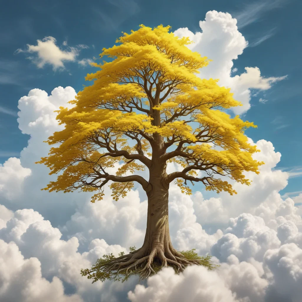 Draw a mighty tree growing up to the clouds, the crown is soft yellow
